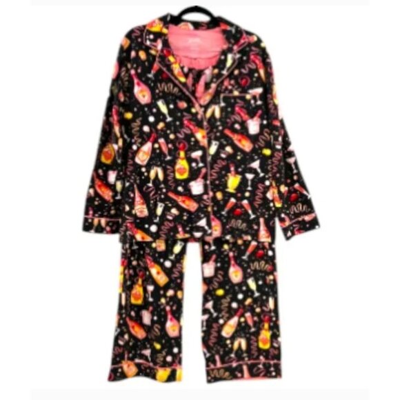 Nick & Nora Pajama Set Flannel Champagne Party New Year Black Pink Size Medium - Picture 2 of 5